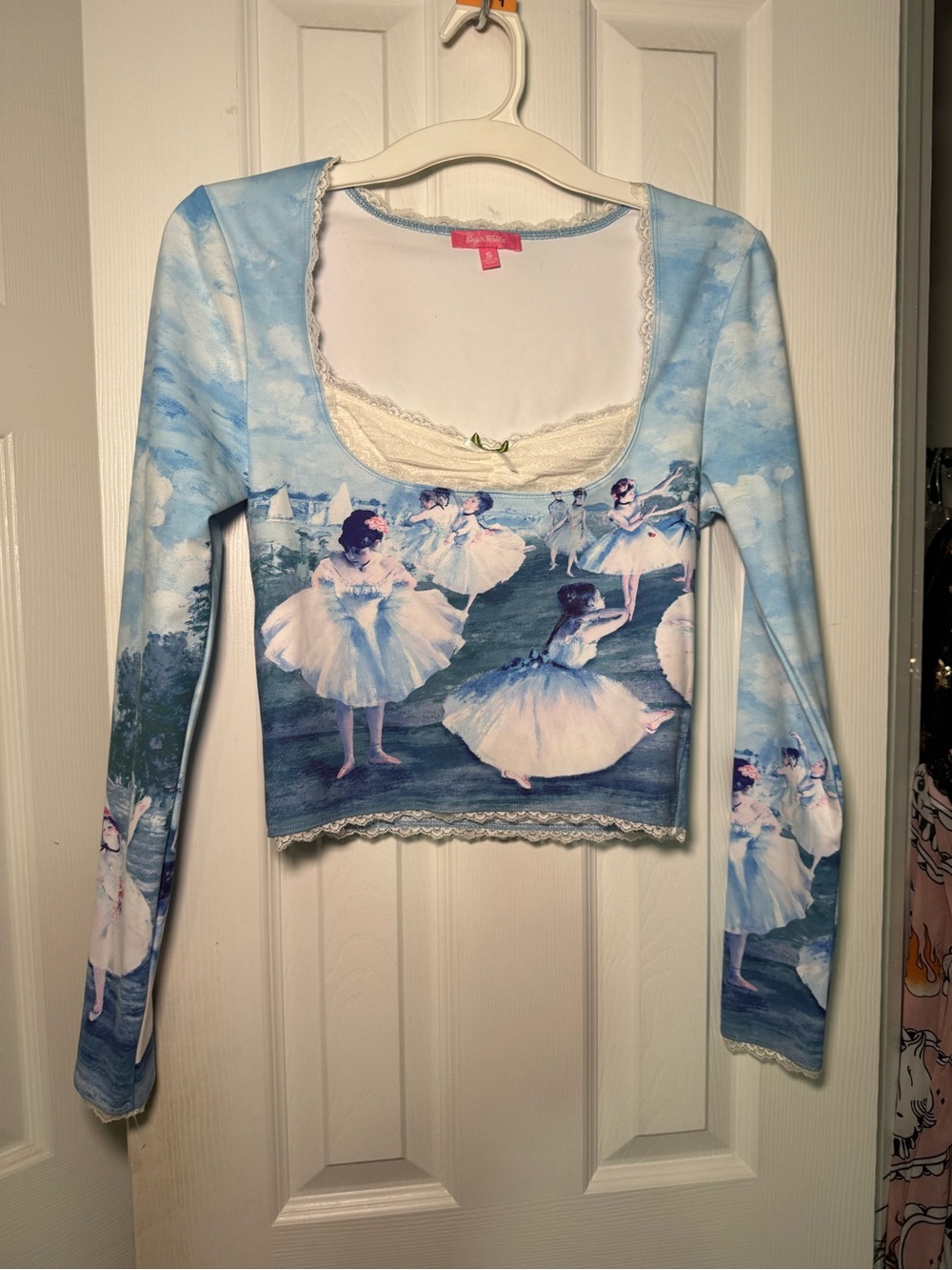 Sugar Thrillz Ballerina Print Long Sleeve Crop Top